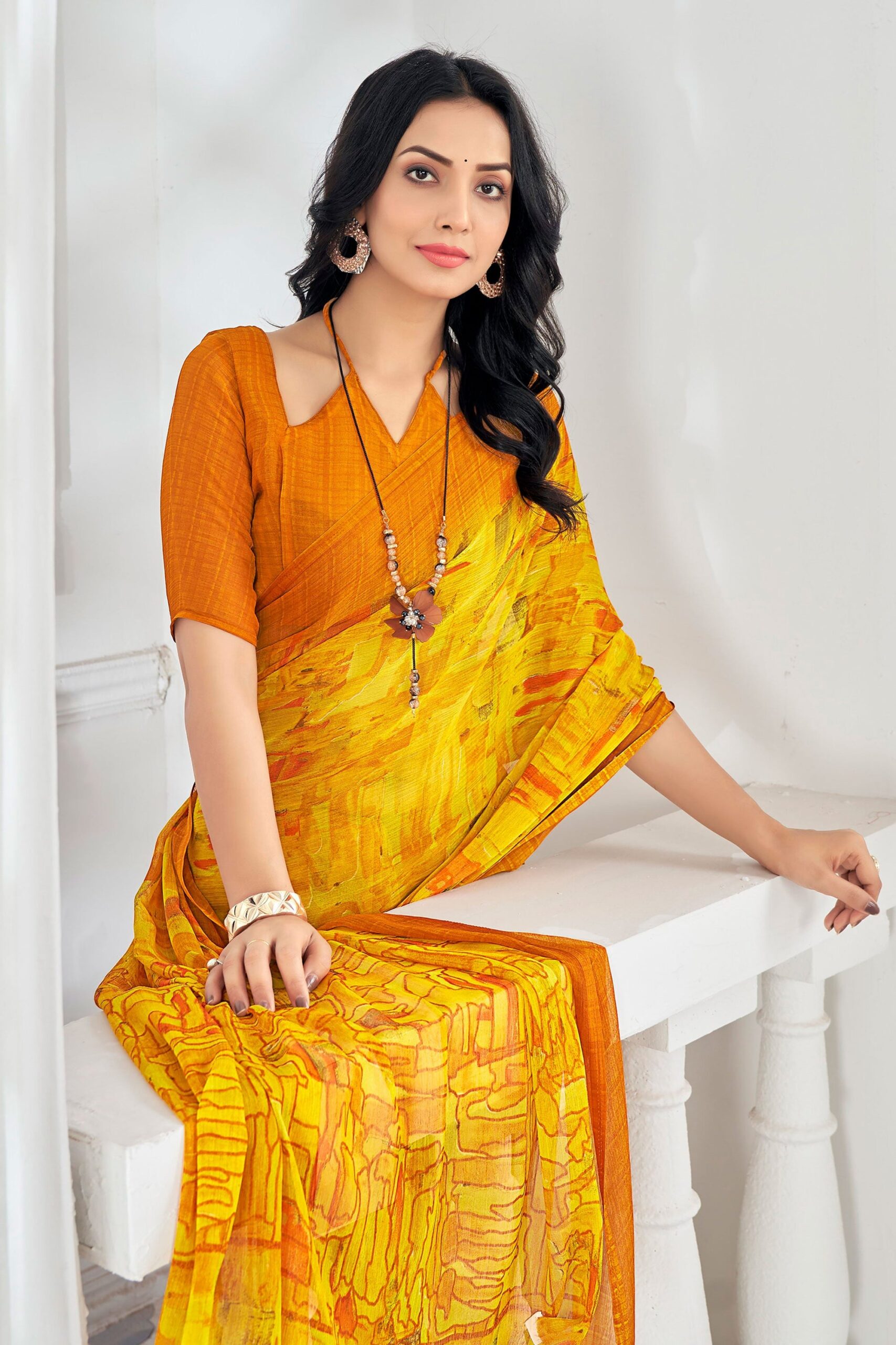 Saree Buta Mustard Chiffon Printed Saree - view 2