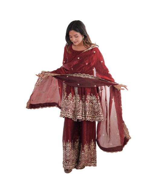 Satyamcreation Maroon Silk Embroidered Sharara Set