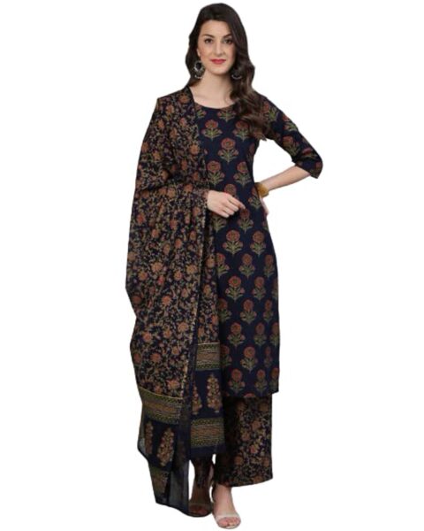 Vintflea Blue Cotton Block Print Unstitched Suit