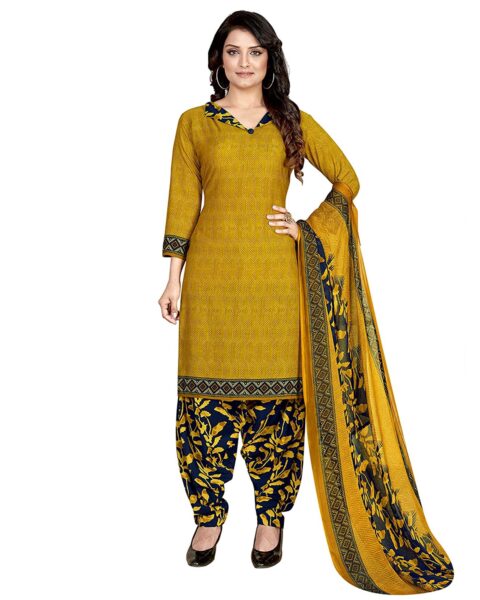 Vintflea Mustard Crepe Printed Unstitched Suit